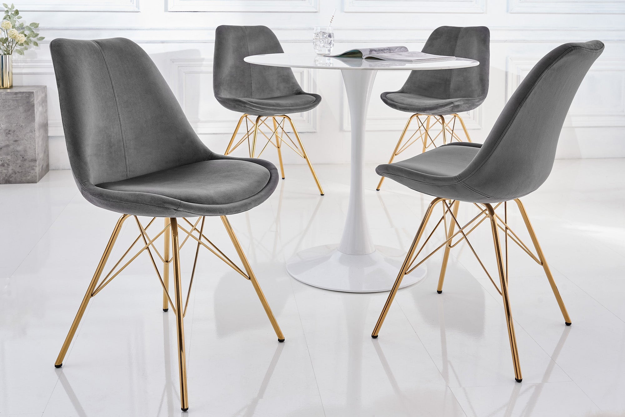 Lote de 2x sillas de diseño SCANDINAVIA MEISTERSTÜCK de terciopelo gris oscuro con patas doradas