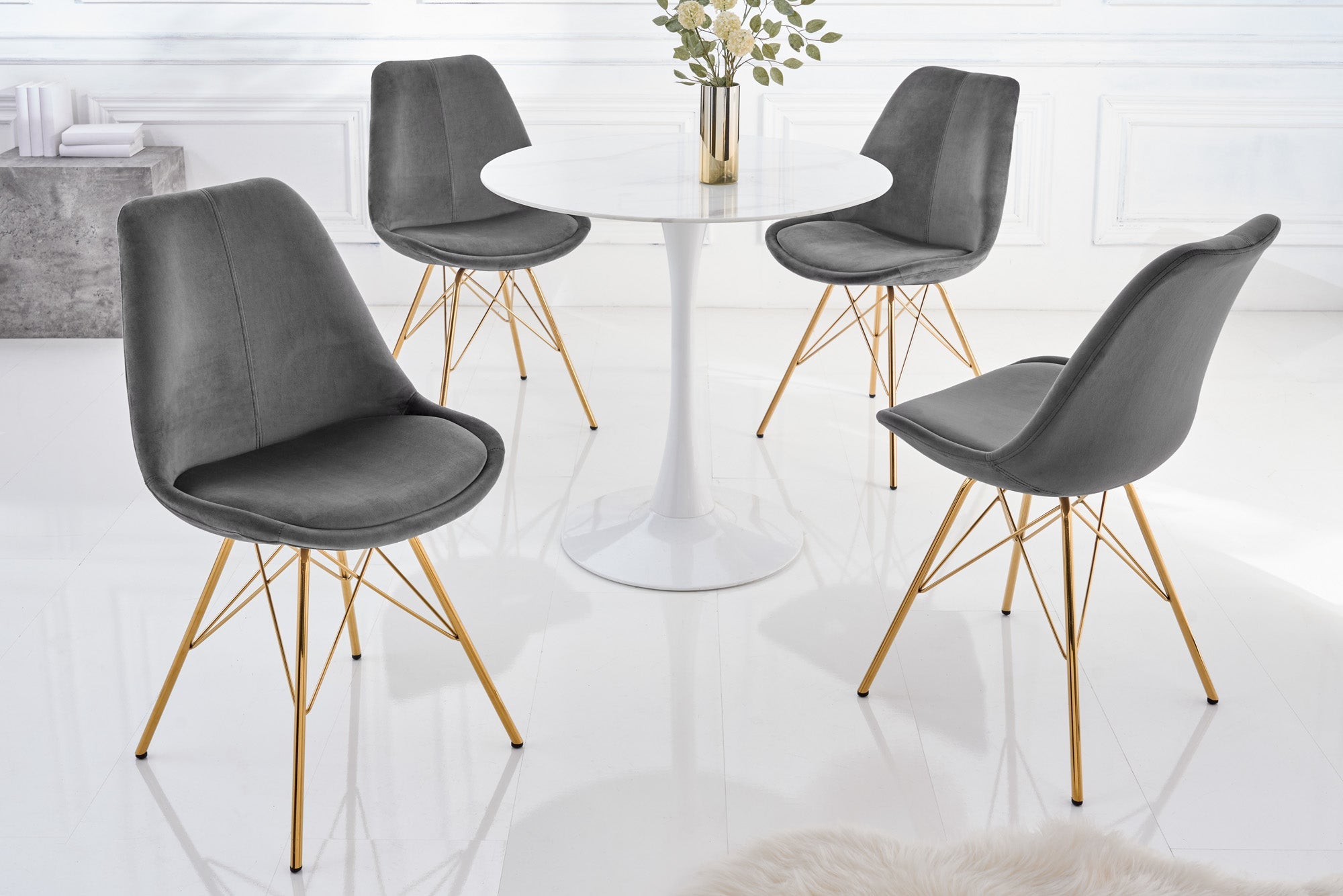 Lote de 2x sillas de diseño SCANDINAVIA MEISTERSTÜCK de terciopelo gris oscuro con patas doradas
