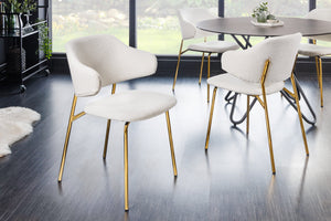 Lot de 2x chaises design VOGUE blanc Bouclé pieds métal doré