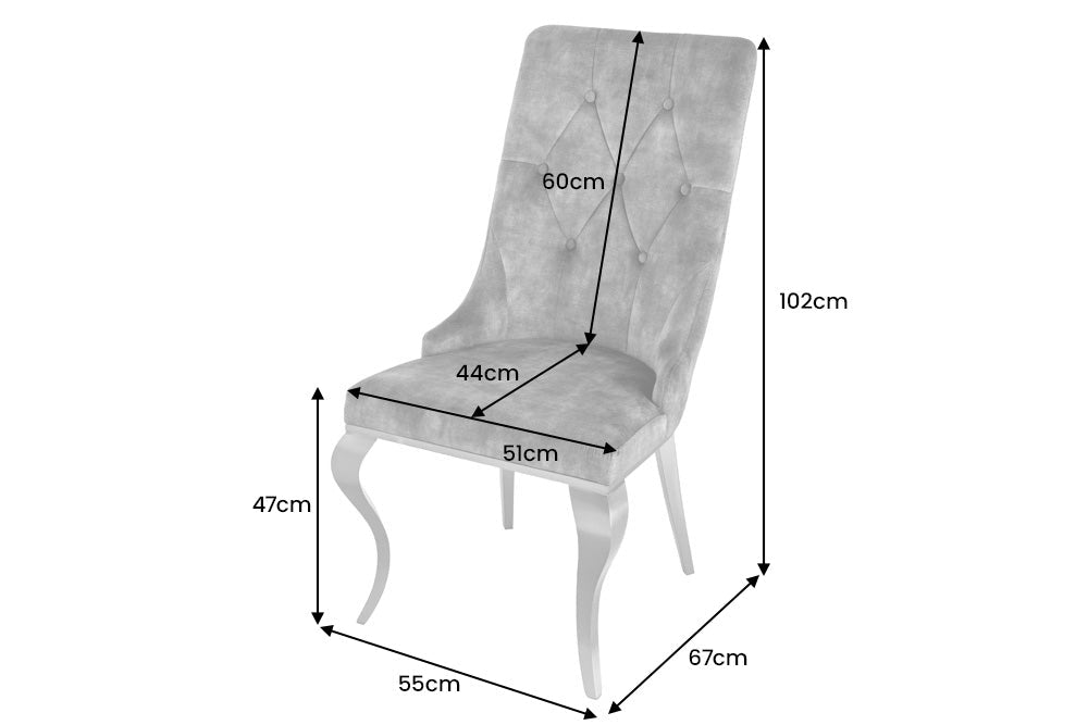 Juego de 2 elegantes sillas modernas de estilo barroco en terciopelo gris con cabeza de león plateada