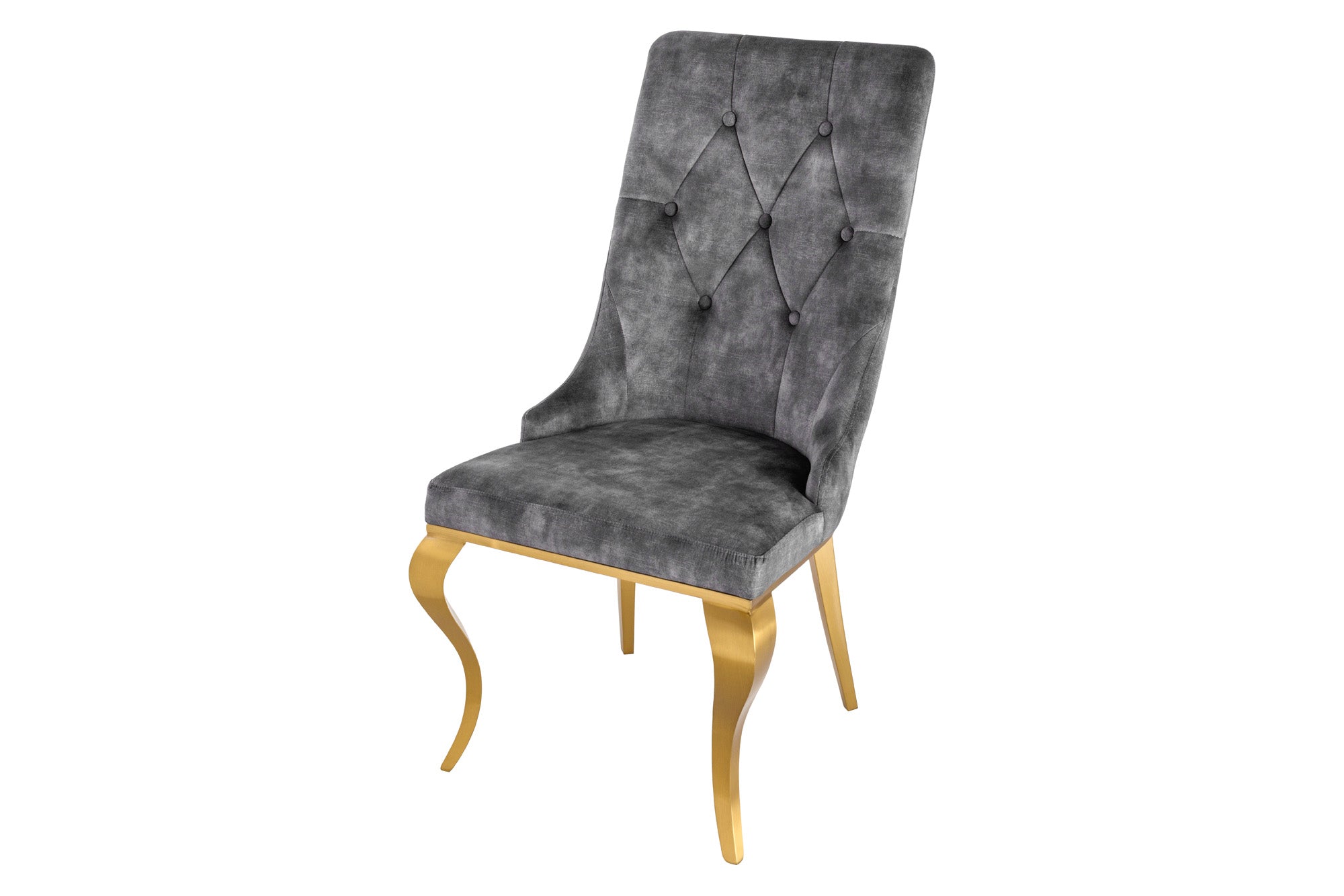 Juego de 2 elegantes sillas modernas de estilo barroco en terciopelo gris con cabeza de león dorada