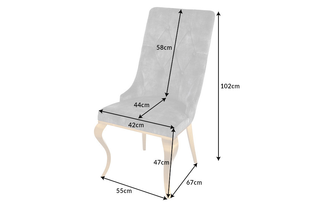 Juego de 2 elegantes sillas modernas de estilo barroco en terciopelo gris con cabeza de león dorada