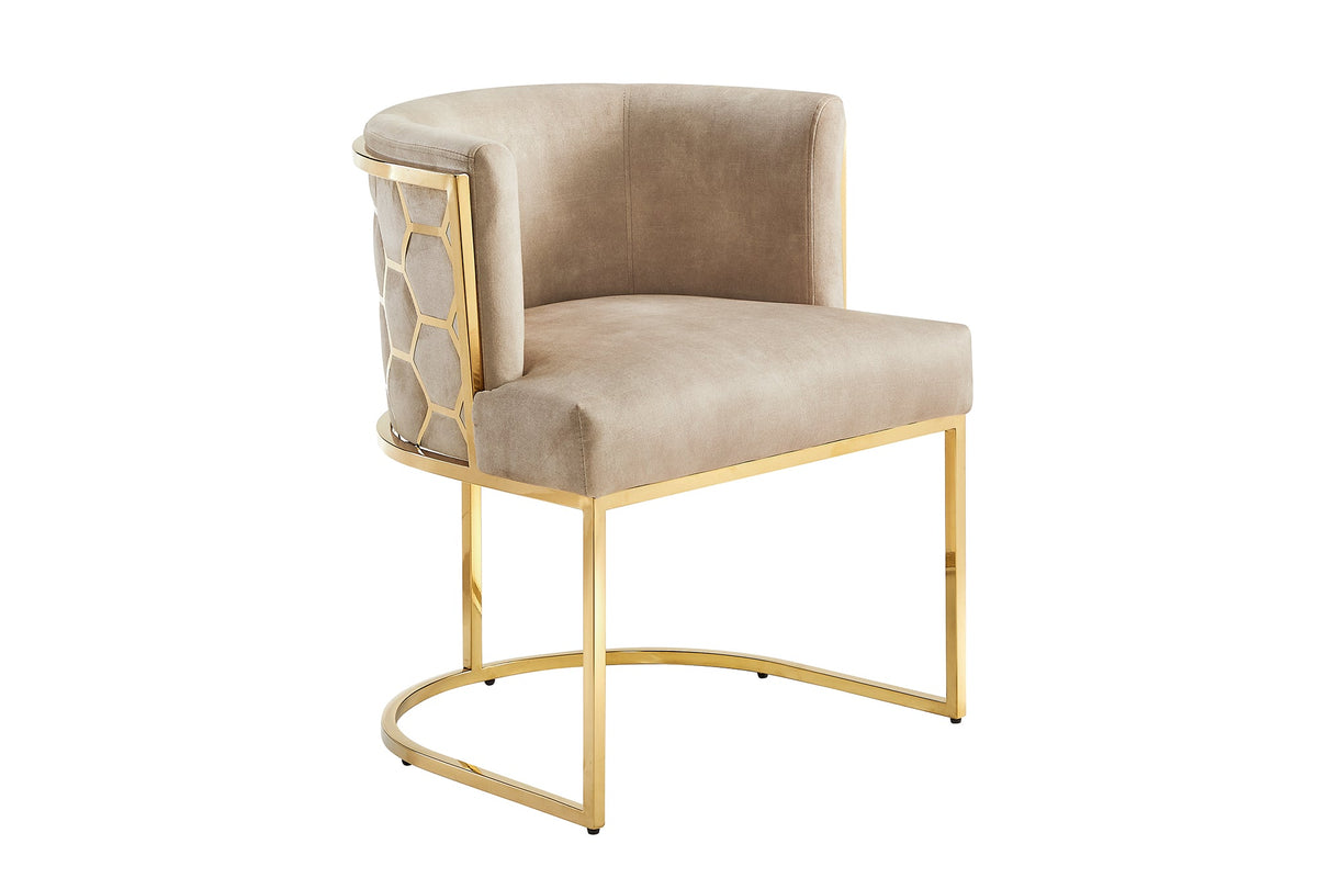 Chaise élégante ELEGANCE cappuccino velours or acier inoxydable avec accoudoir