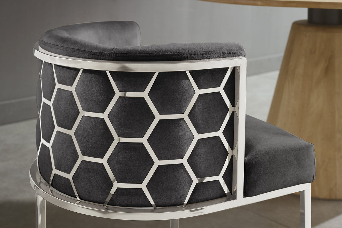 Chaise élégante ELEGANCE gris velours argent acier inoxydable avec accoudoir