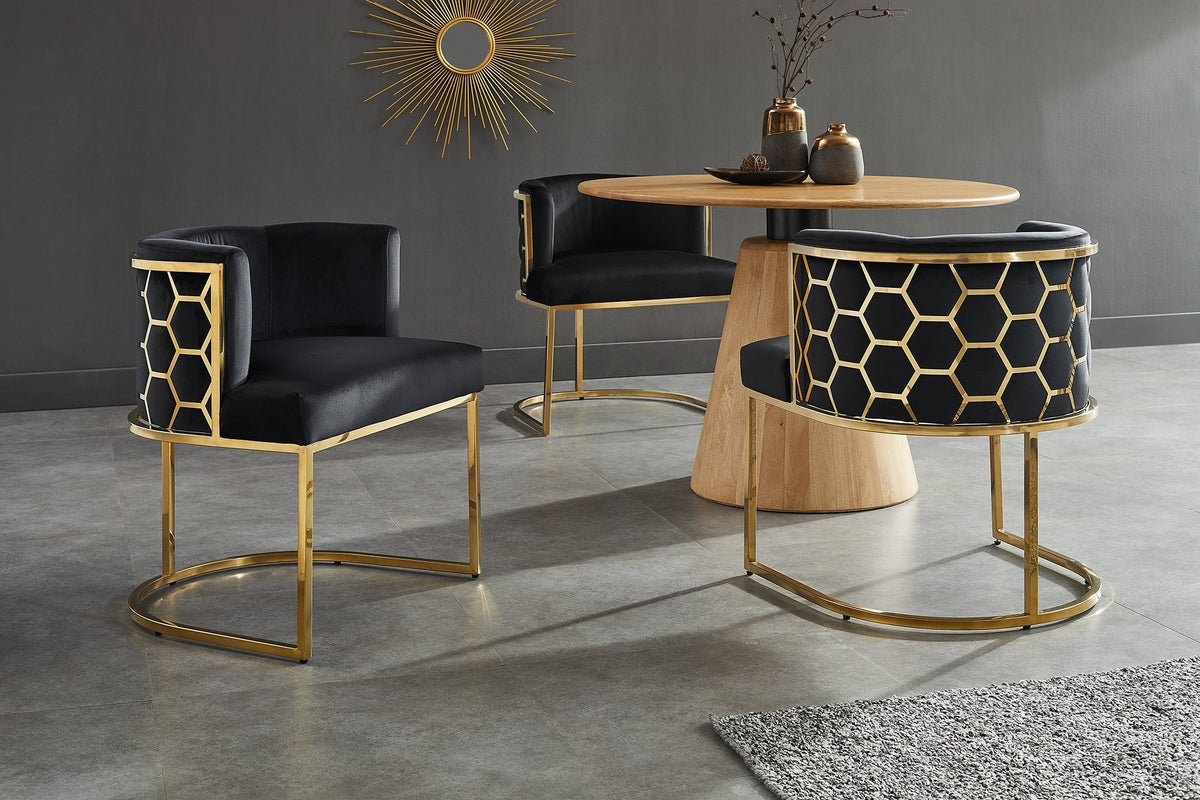 Chaise élégante ELEGANCE noir velours or acier inoxydable avec accoudoir