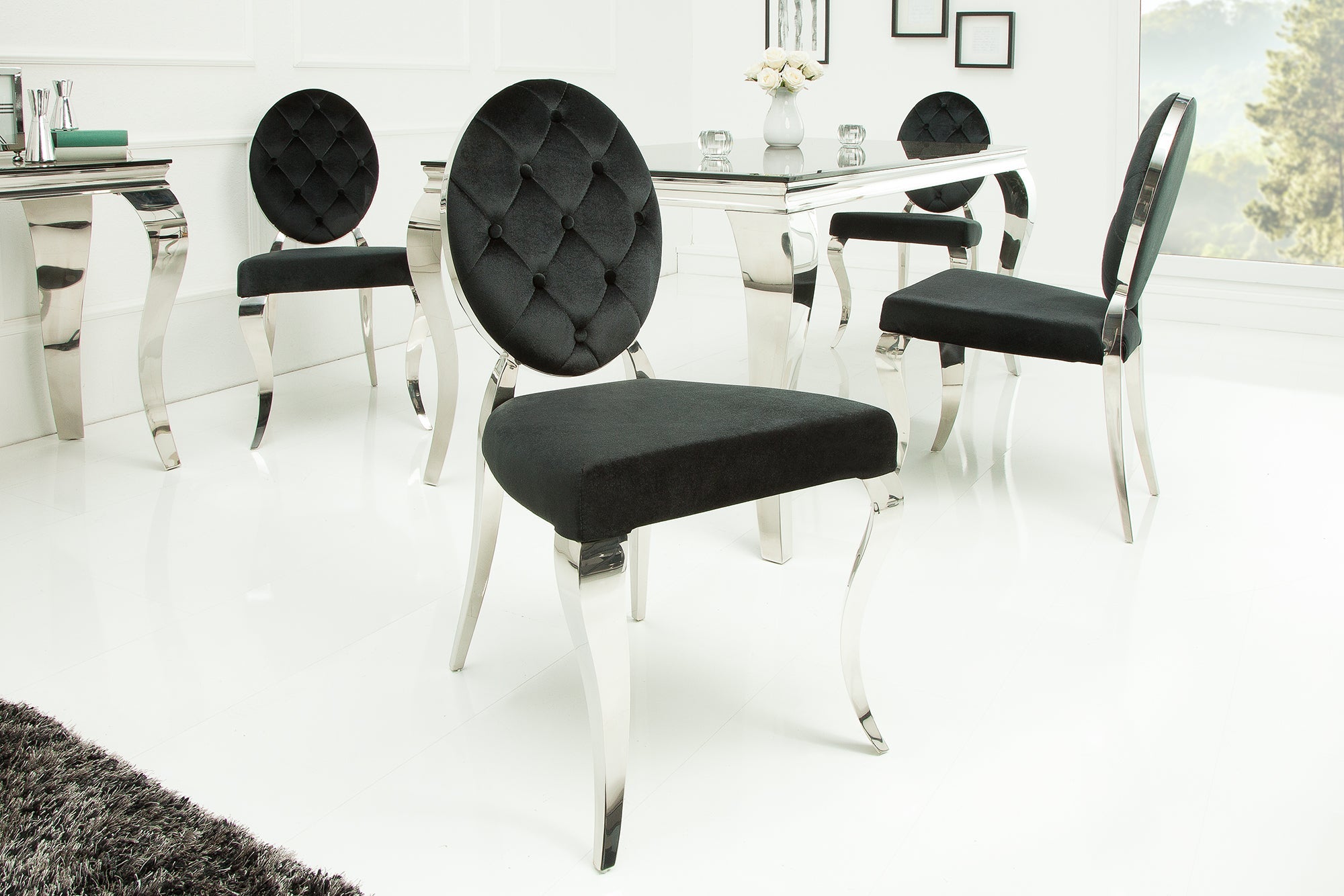 Lote de 2 elegantes sillas MODERNE BAROQUE de terciopelo negro con patas de botón de acero inoxidable