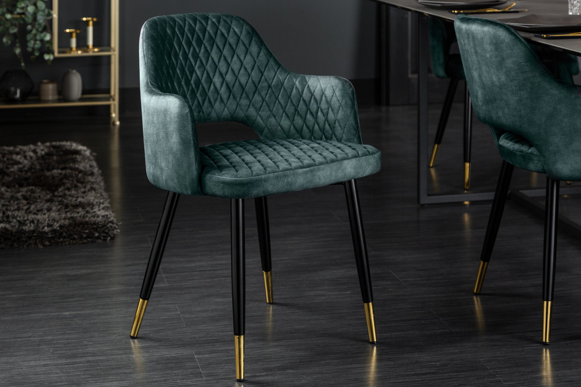 Lote de 2 elegantes sillas PARIS de terciopelo petróleo, costuras decorativas, puntas doradas, diseño retro, con reposabrazos