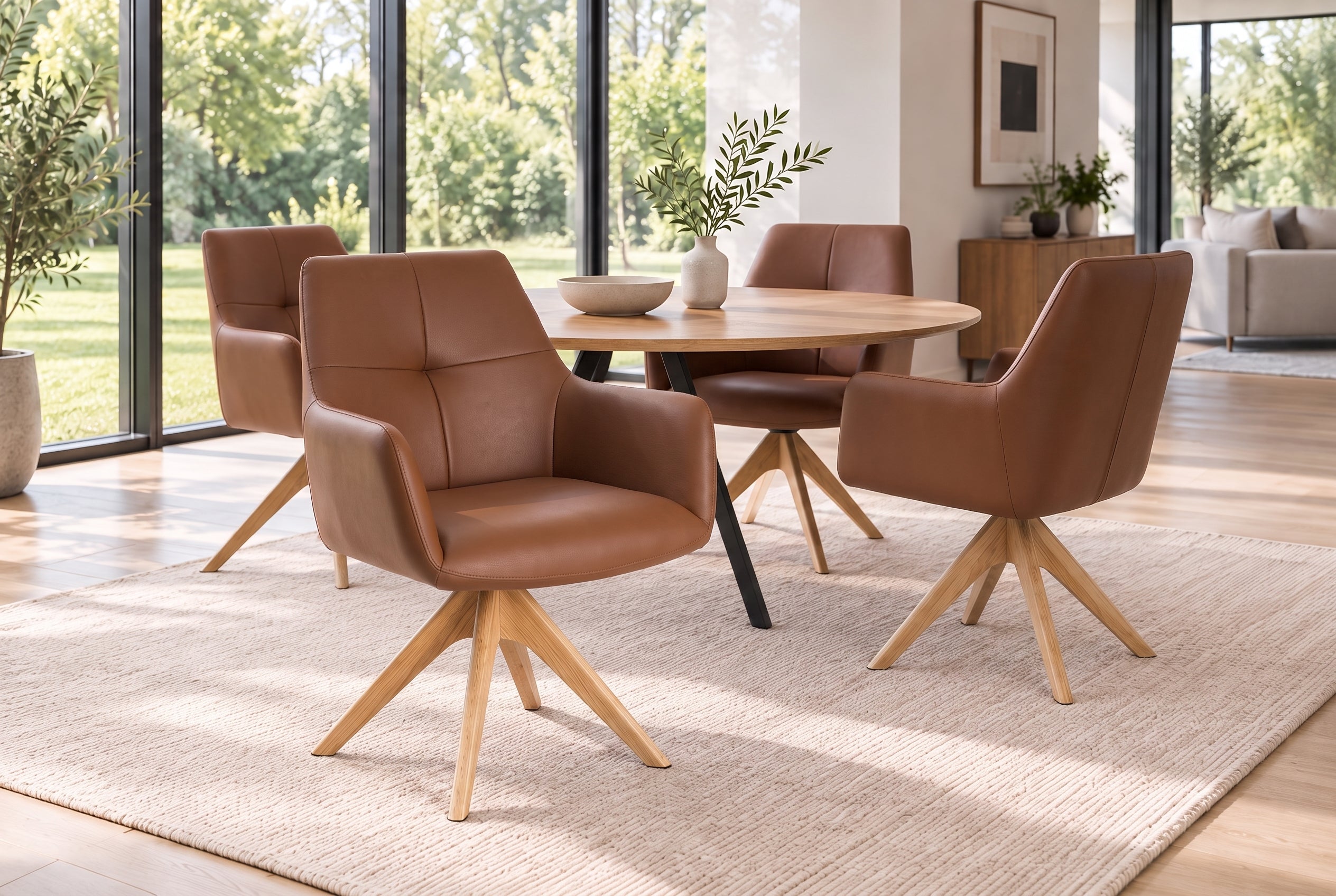 Chaise pivotante ALMARA cognac brun cuir véritable 360° ressorts ensachés chêne massif