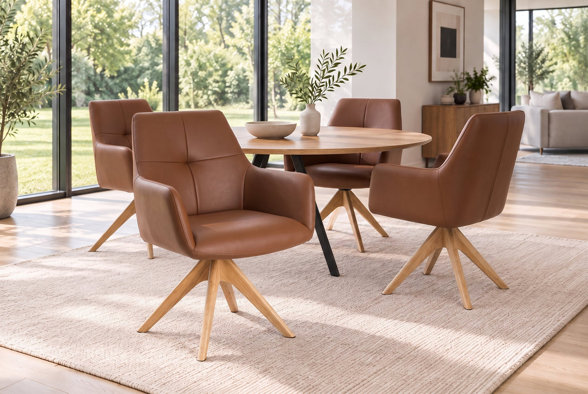 Chaise pivotante ALMARA cognac brun cuir véritable 360° ressorts ensachés chêne massif