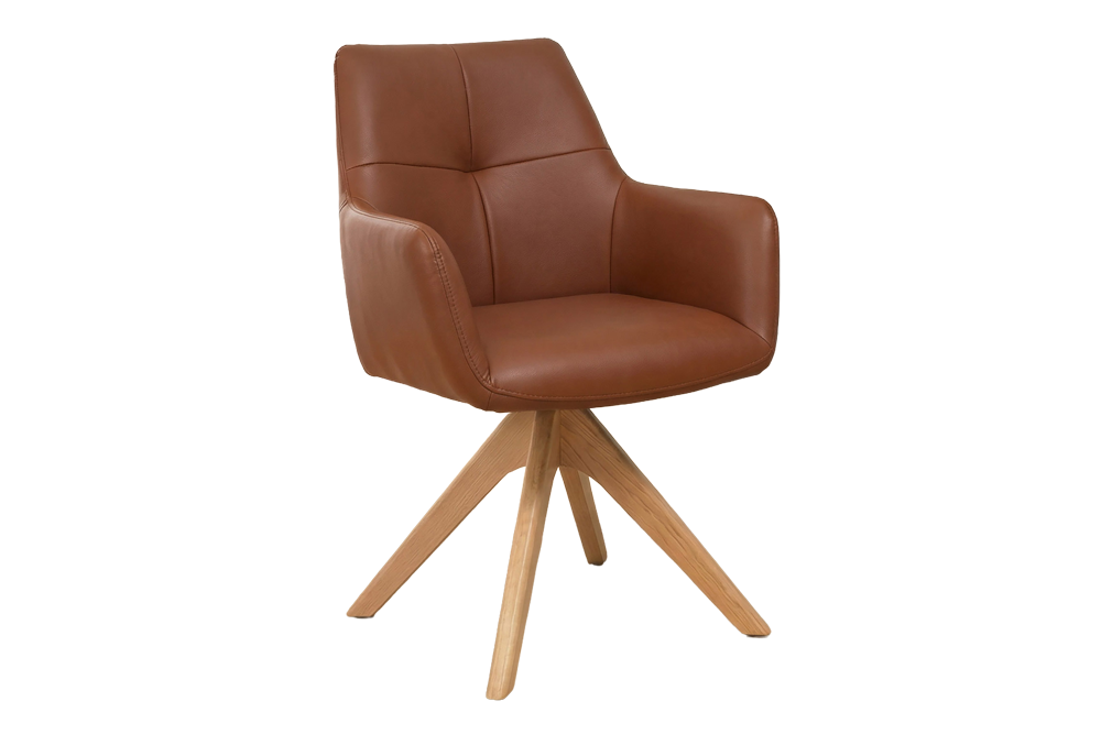 Chaise pivotante ALMARA cognac brun cuir véritable 360° ressorts ensachés chêne massif