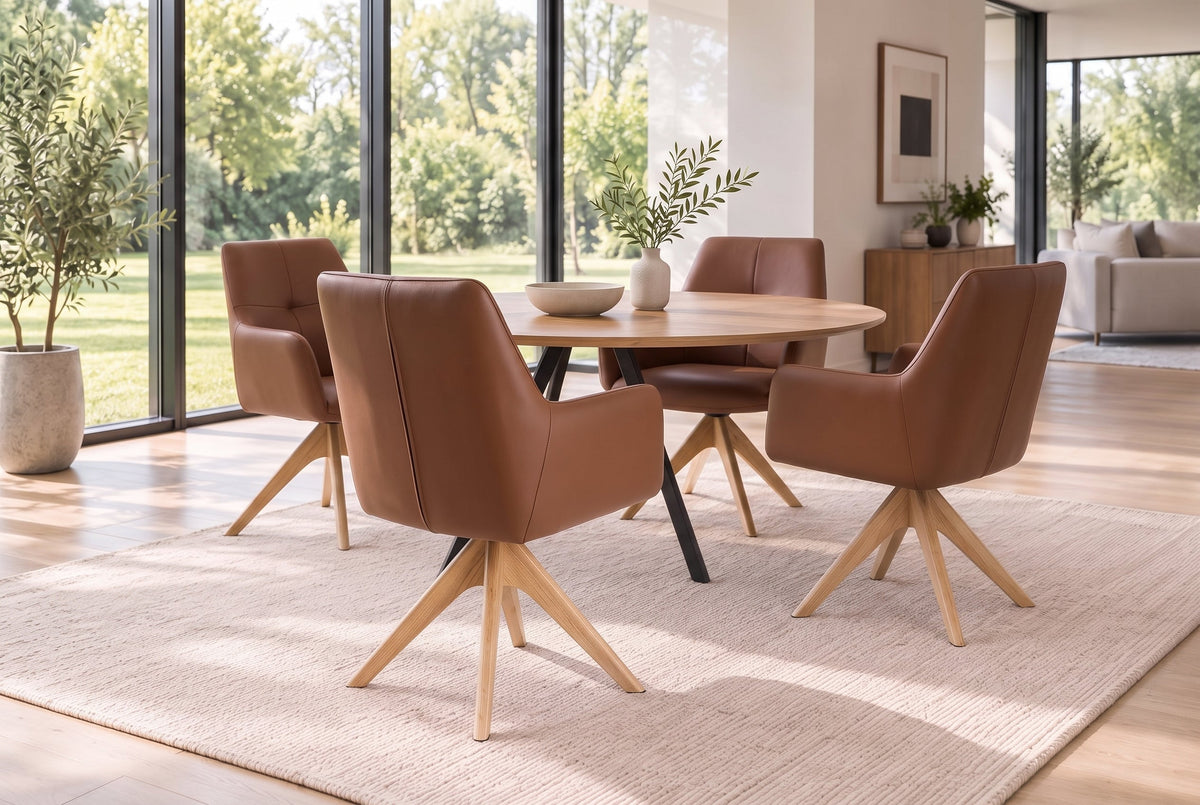 Chaise pivotante ALMARA cognac brun cuir véritable 360° ressorts ensachés chêne massif