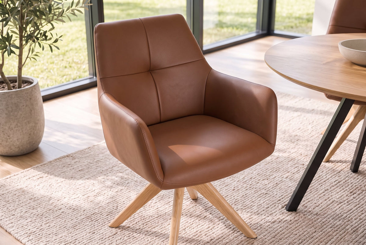 Chaise pivotante ALMARA cognac brun cuir véritable 360° ressorts ensachés chêne massif
