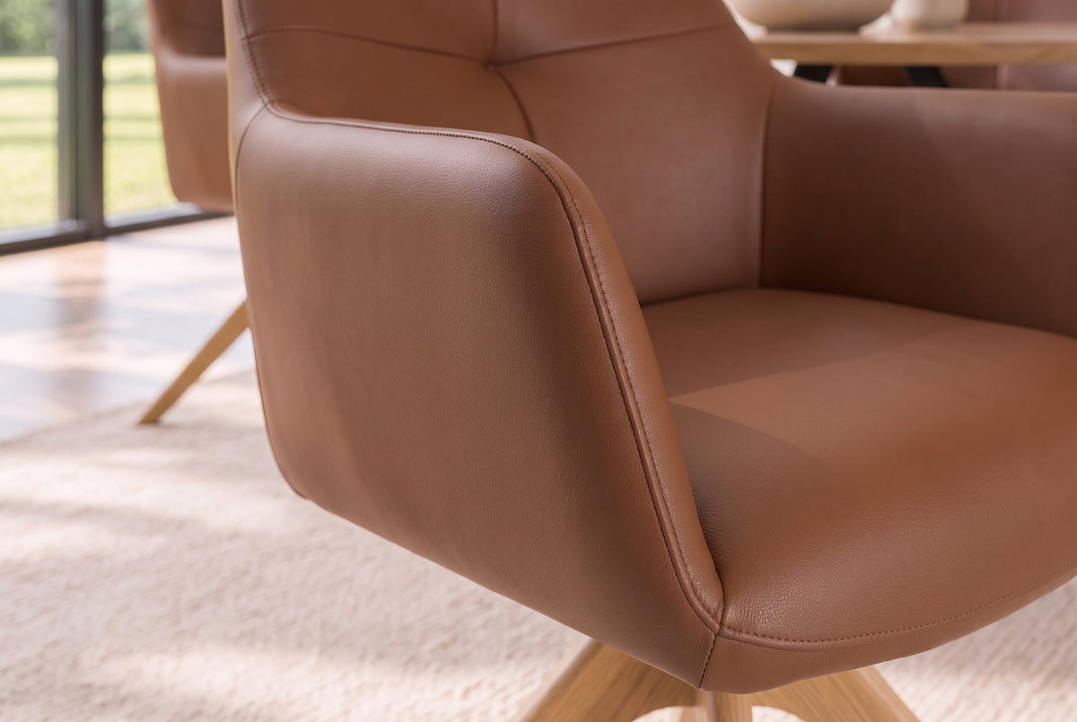 Chaise pivotante ALMARA cognac brun cuir véritable 360° ressorts ensachés chêne massif