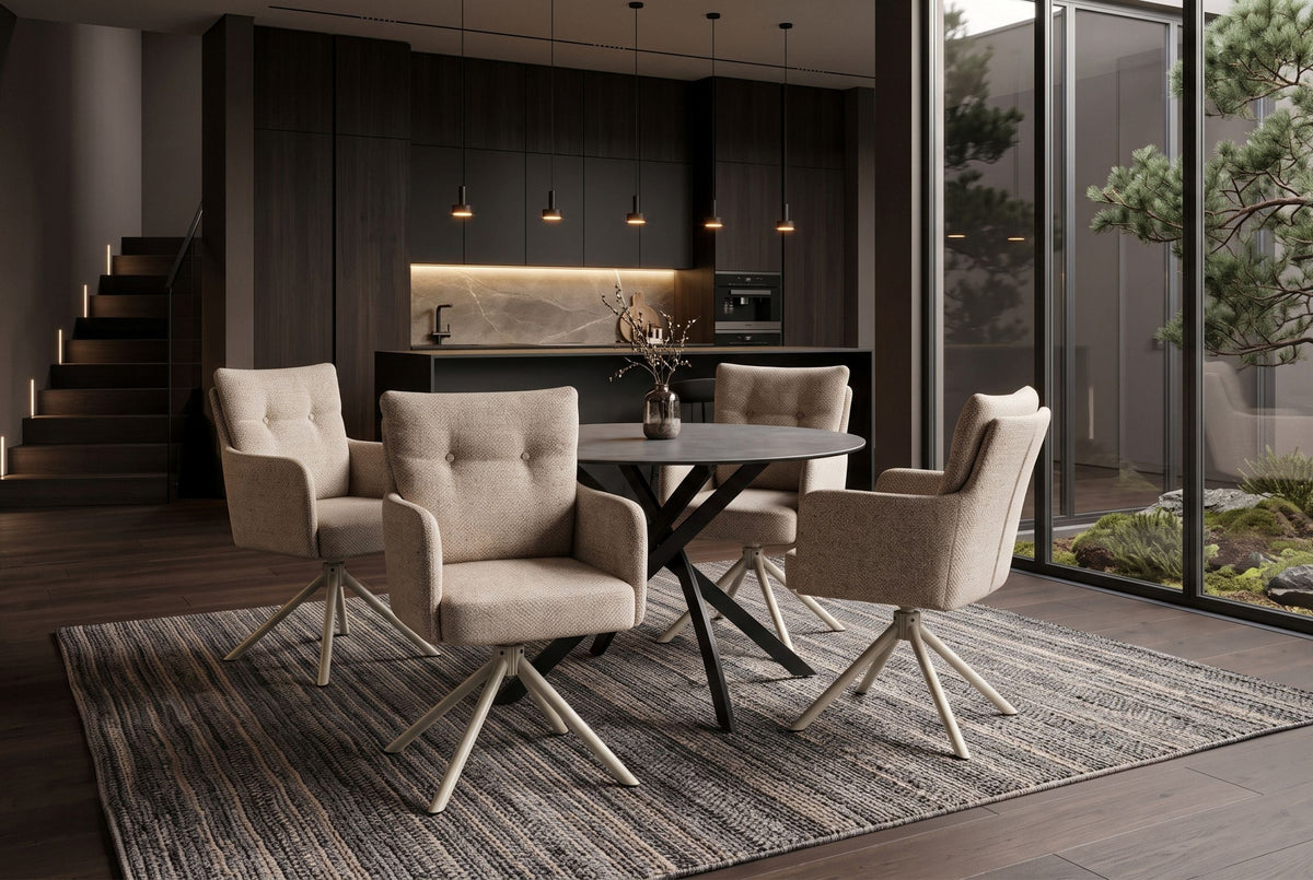 Chaise pivotante BIG GEORGE champagne beige tissu structuré ressorts ensachés métal