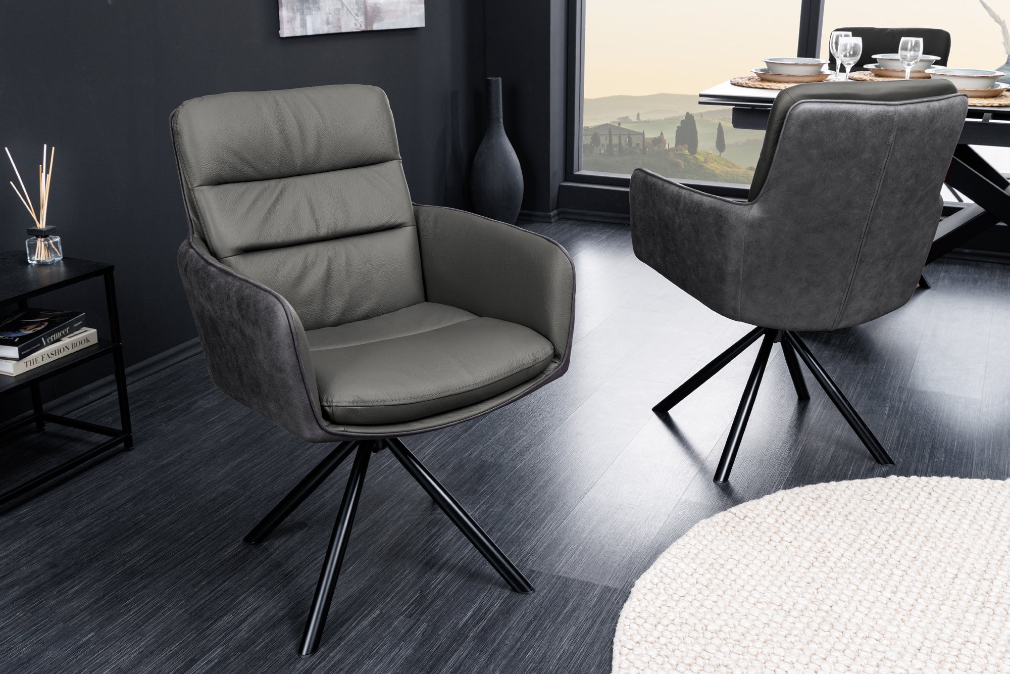 Silla giratoria BIG GEORGE de piel auténtica microfibra gris con reposabrazos y patas de metal negro