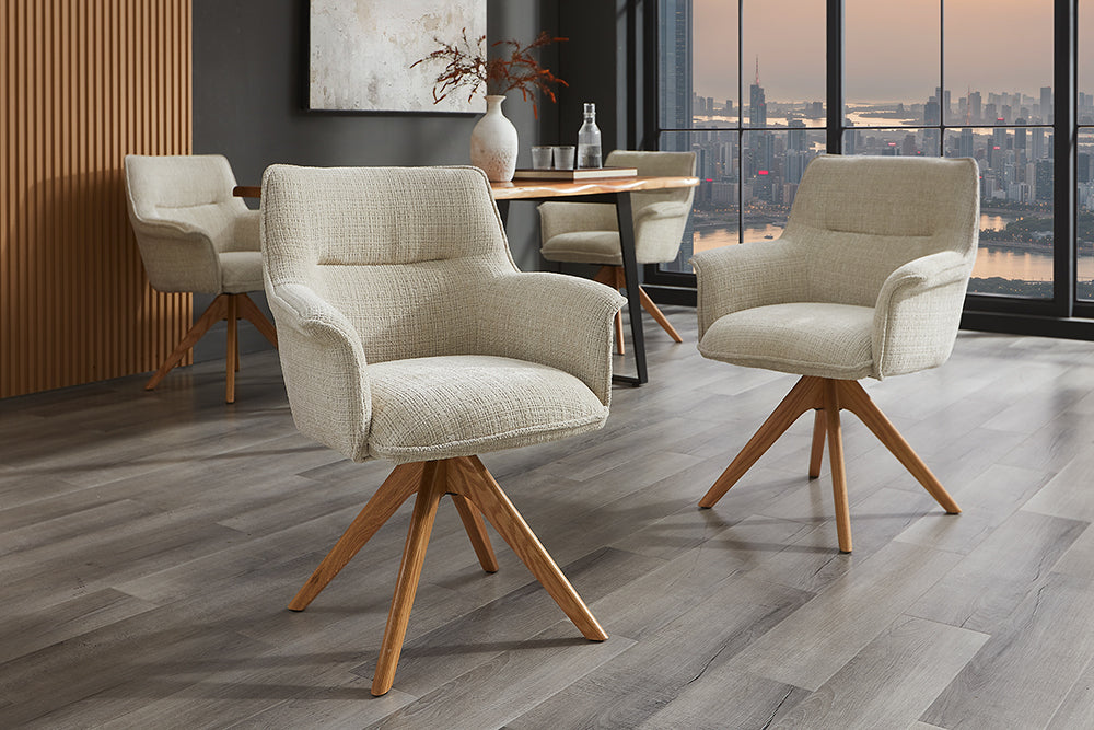 Lote de 2x sillas giratorias LE GRAND de chenilla beige roble natural madera maciza con reposabrazos