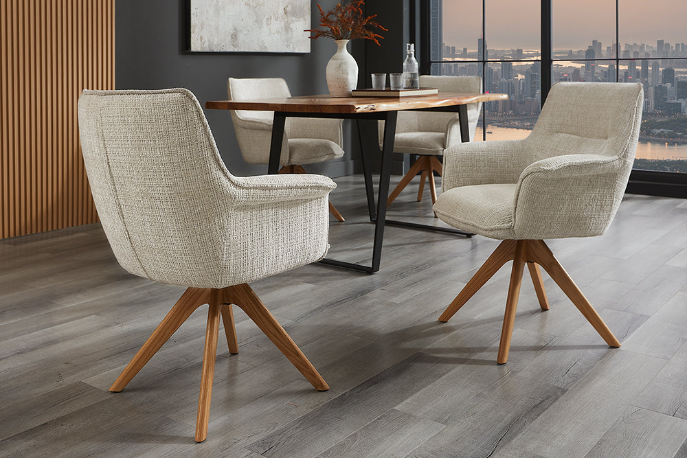 Lote de 2x sillas giratorias LE GRAND de chenilla beige roble natural madera maciza con reposabrazos