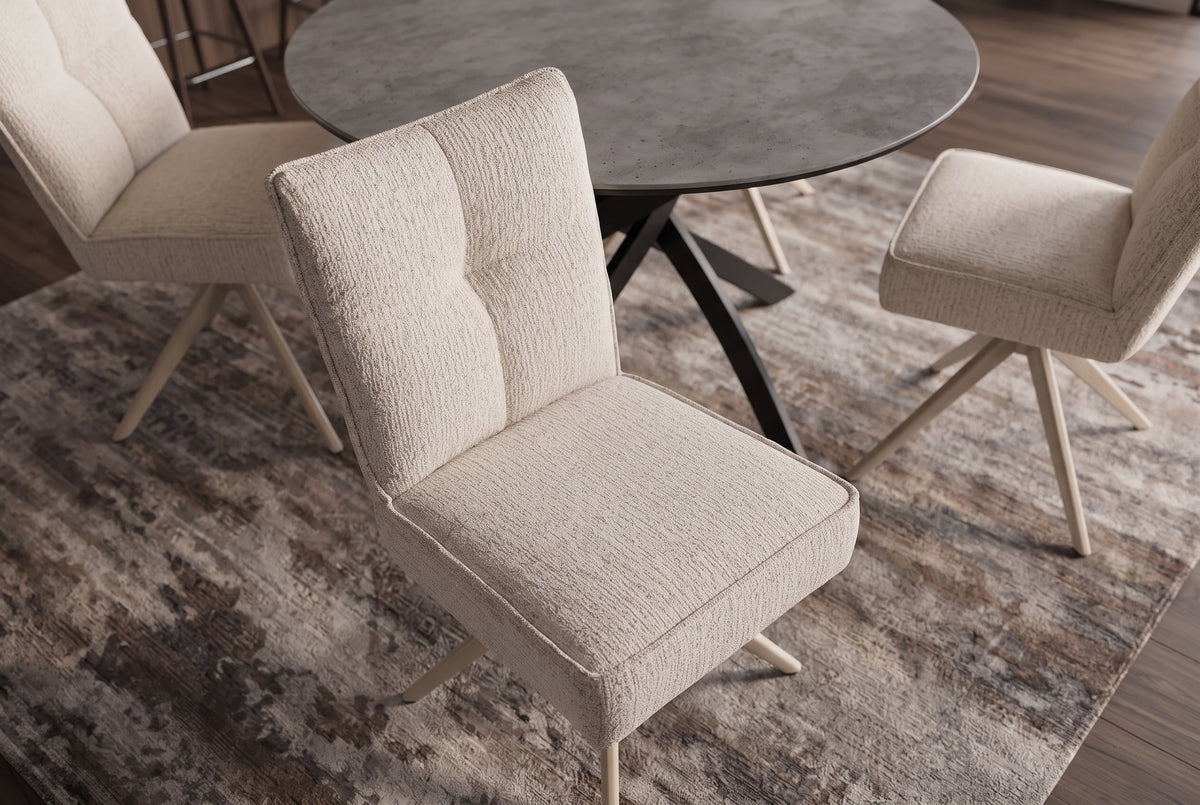 Chaise pivotante LUGANO beige bouclé tweed, ressorts souples, métal, supportant jusqu'à 150kg.