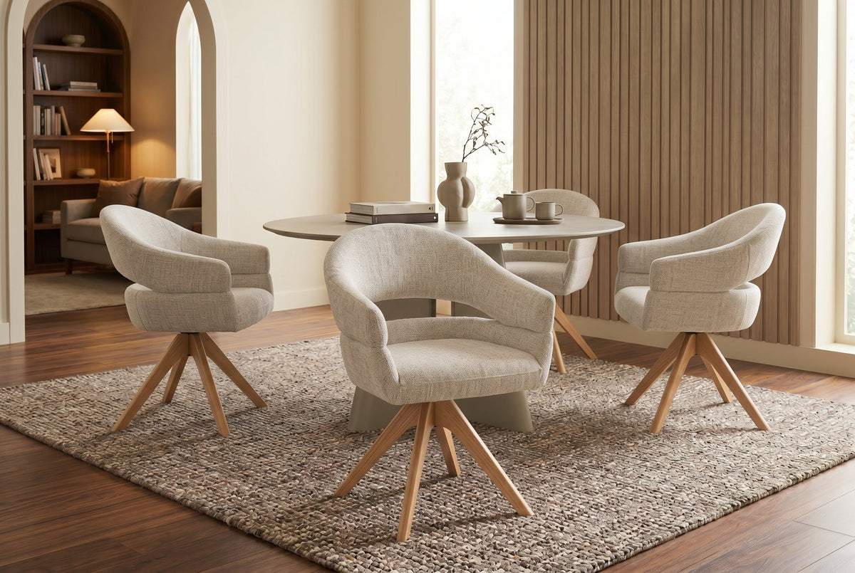 Chaise pivotante ORGANIKO beige tissu chenille piètement en bois de chêne avec accoudoir