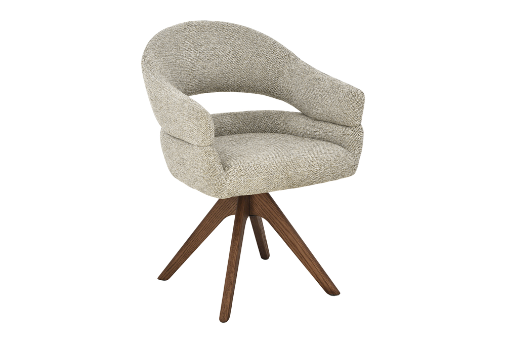 Chaise pivotante ORGANIKO taupe beige tissu structuré piètement en bois de noyer avec accoudoirs