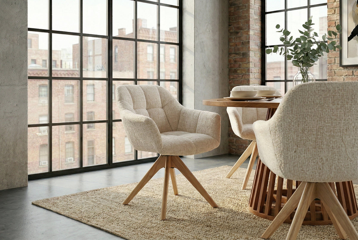 Chaise pivotante PAPILLON beige champagne chenille chêne massif Cremona