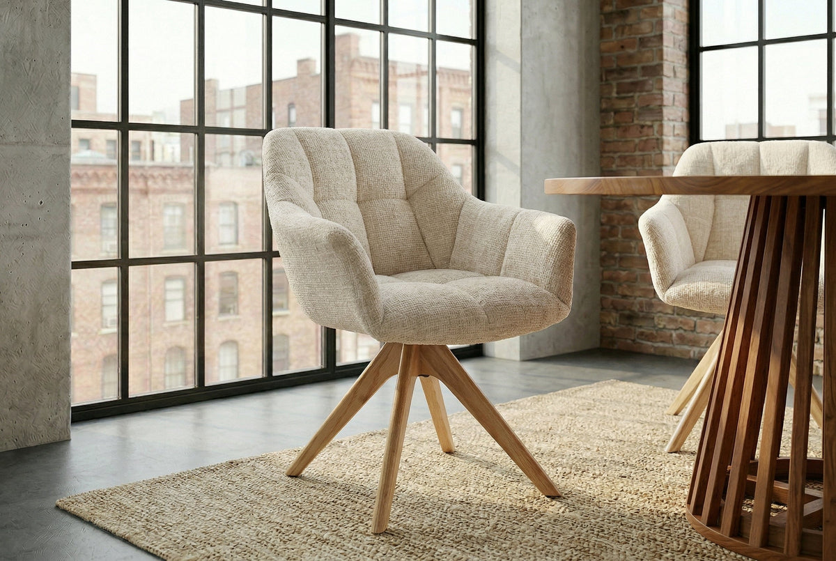Chaise pivotante PAPILLON beige champagne chenille chêne massif Cremona