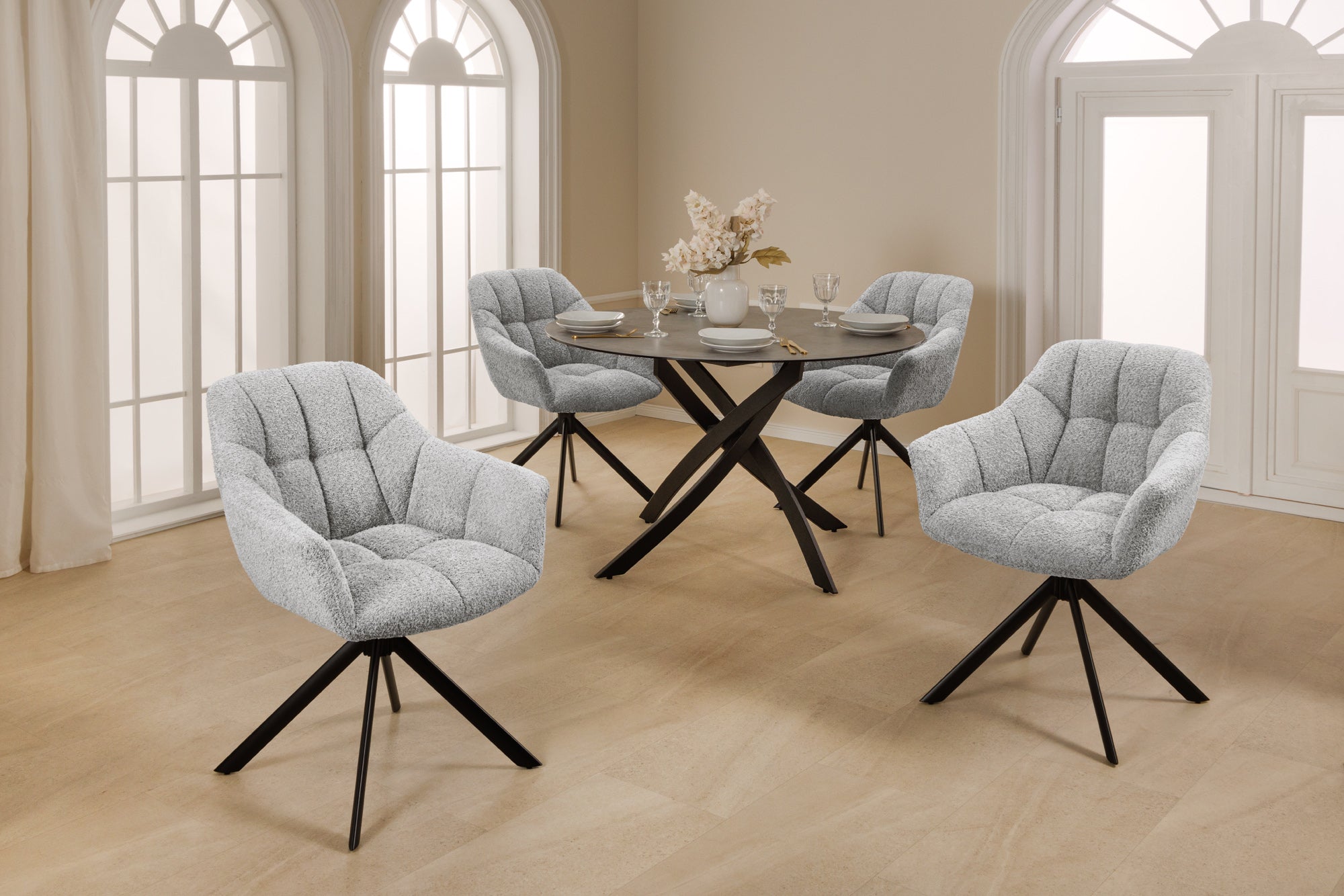 Lote de 2 sillas giratorias PAPILLON de bouclé gris con reposabrazos, estructura de metal negro