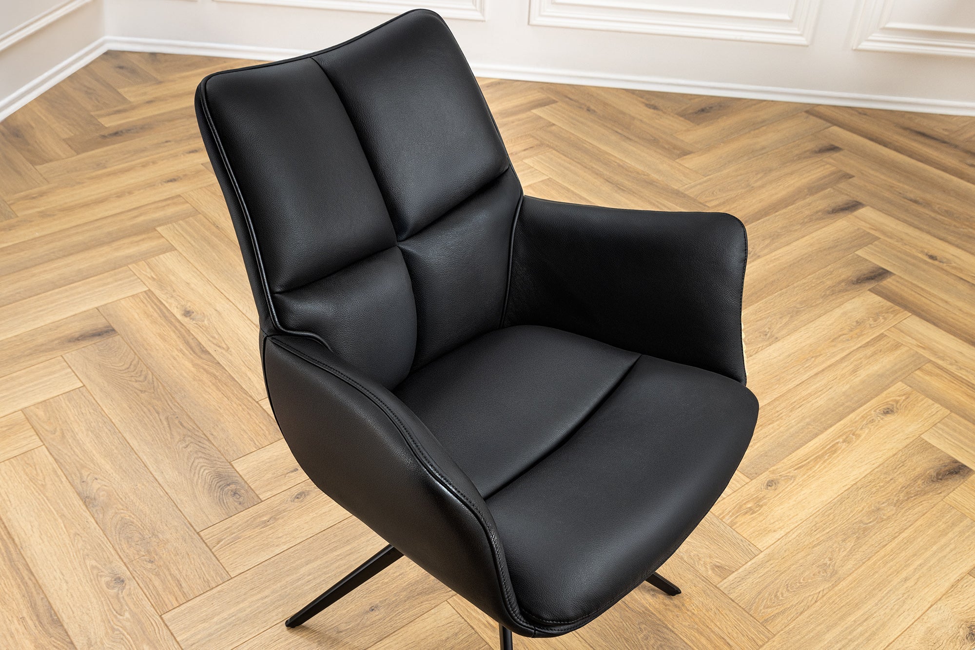 Lote de 2 sillones giratorios PAPILLON de piel auténtica negra con reposabrazos, estructura negra