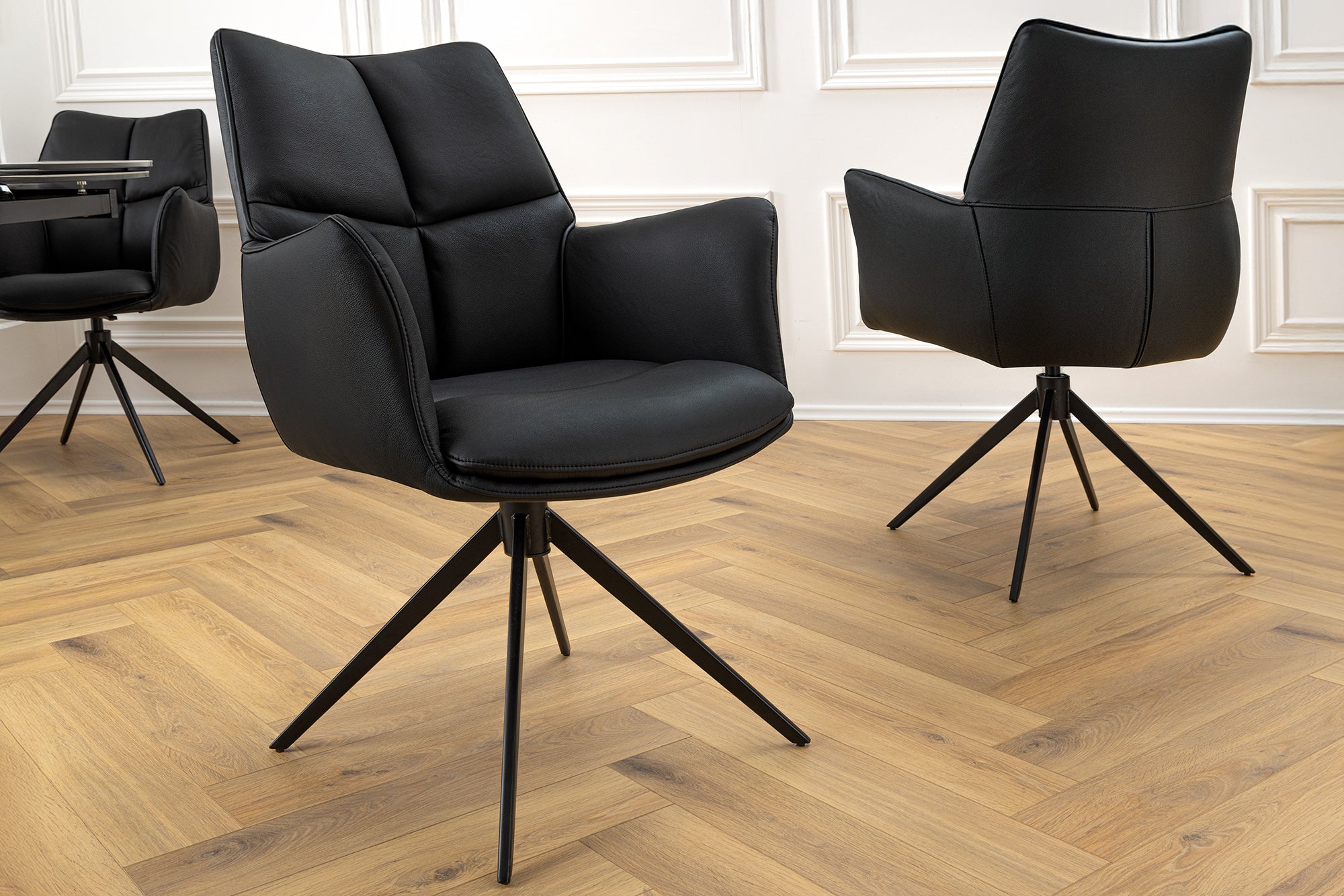 Lote de 2 sillones giratorios PAPILLON de piel auténtica negra con reposabrazos, estructura negra