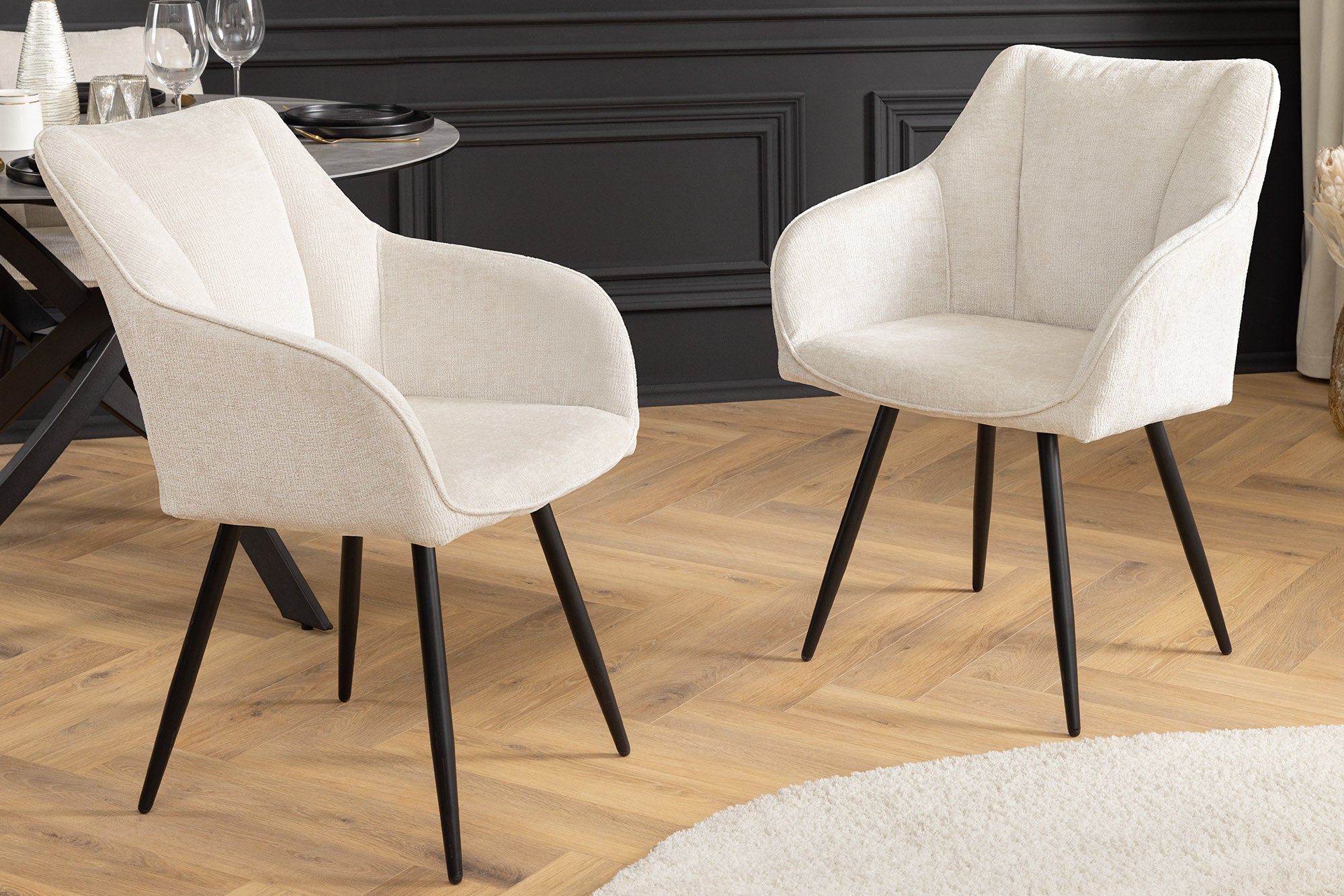 Lot de 2x chaises pivotante rétro AVIGNON beige chenille pieds métal noir