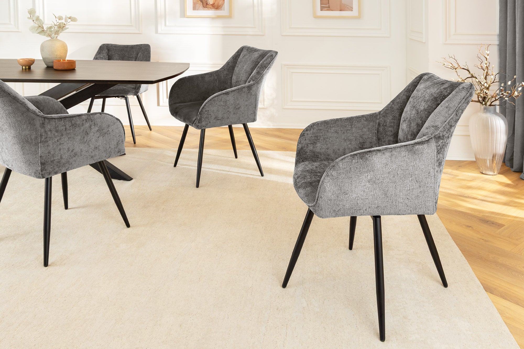 Lot de 2x chaises pivotante rétro AVIGNON chenille grise pieds métal noir
