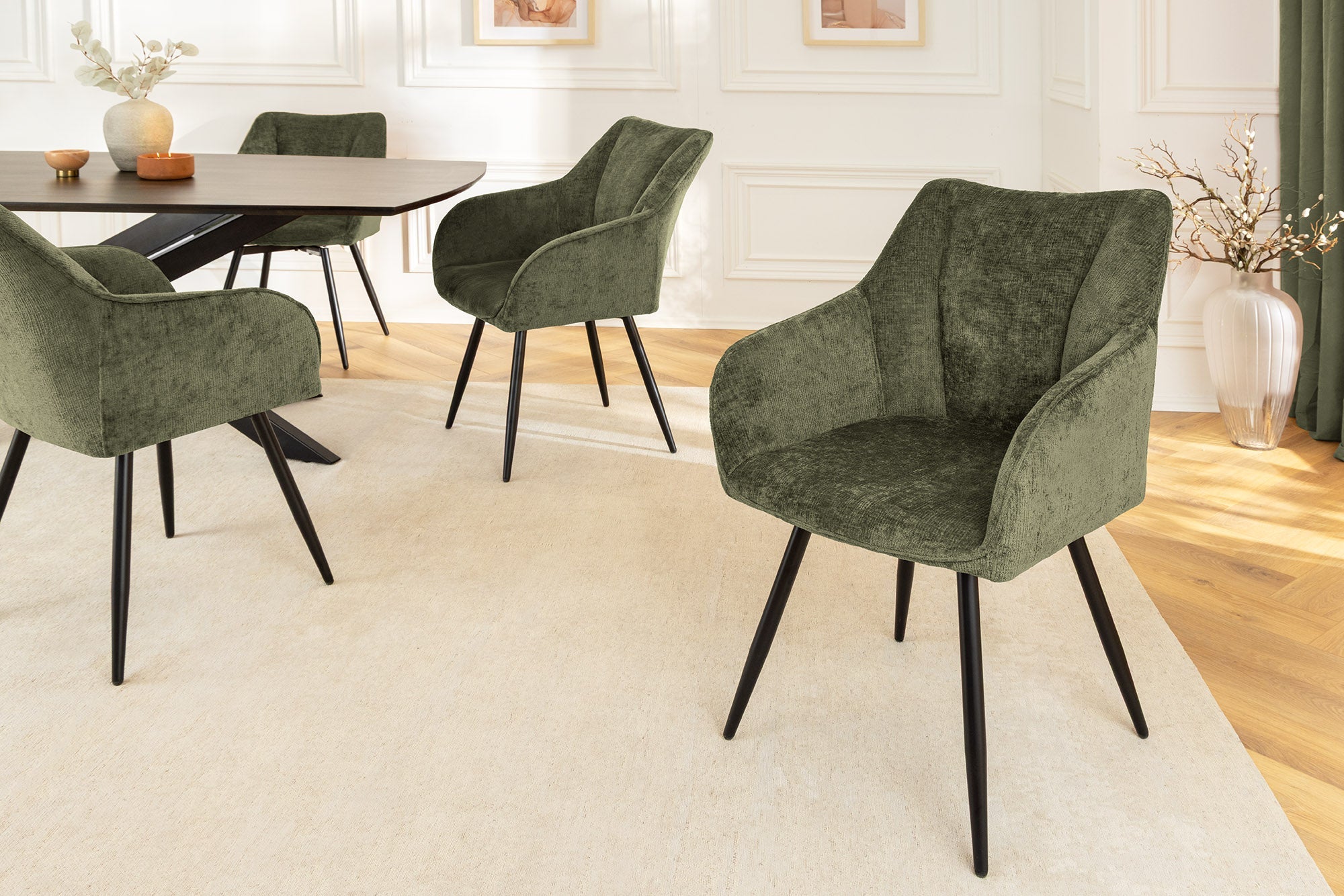 Lote de 2x sillas giratorias retro AVIGNON chenilla verde patas de metal negro