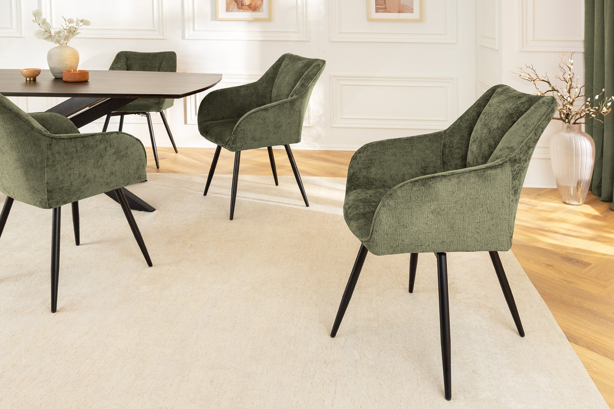 Lot de 2x chaises pivotante rétro AVIGNON chenille verte pieds métal noir