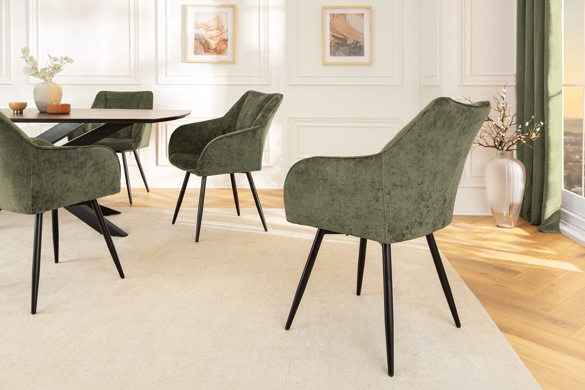 Lot de 2x chaises pivotante rétro AVIGNON chenille verte pieds métal noir