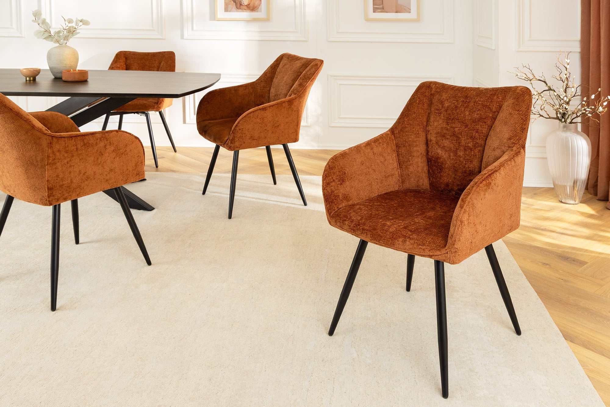 Juego de 2 sillones giratorios de chenilla marrón óxido retro ÚNICOS con patas y reposabrazos de metal negro