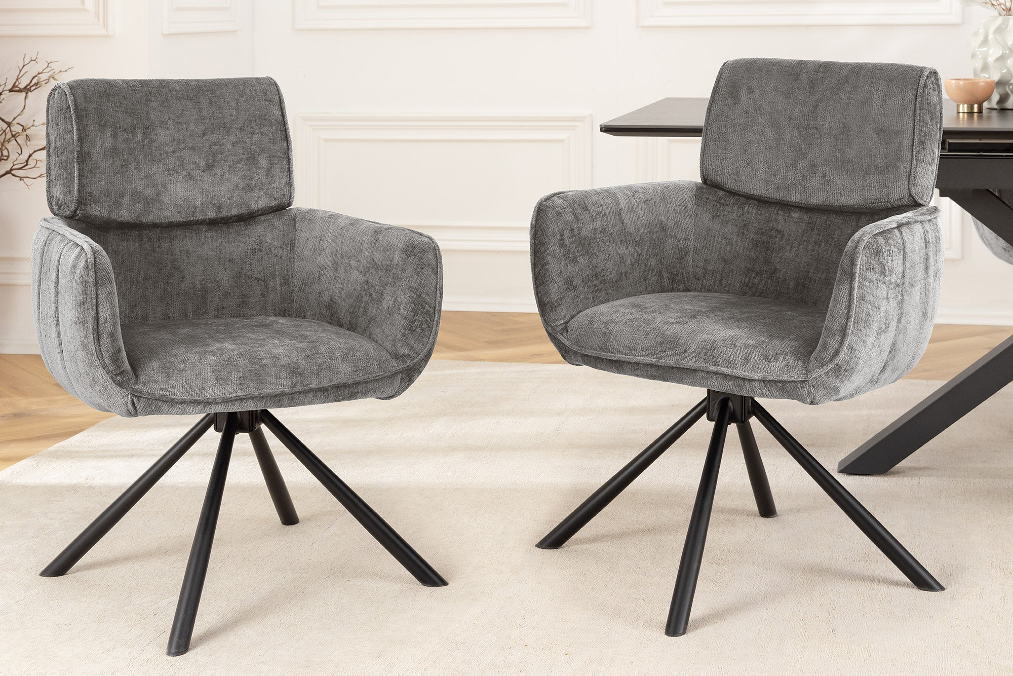 Juego de 2x sillas giratorias de chenilla gris retro UNIQUE con estructura y reposabrazos de metal negro