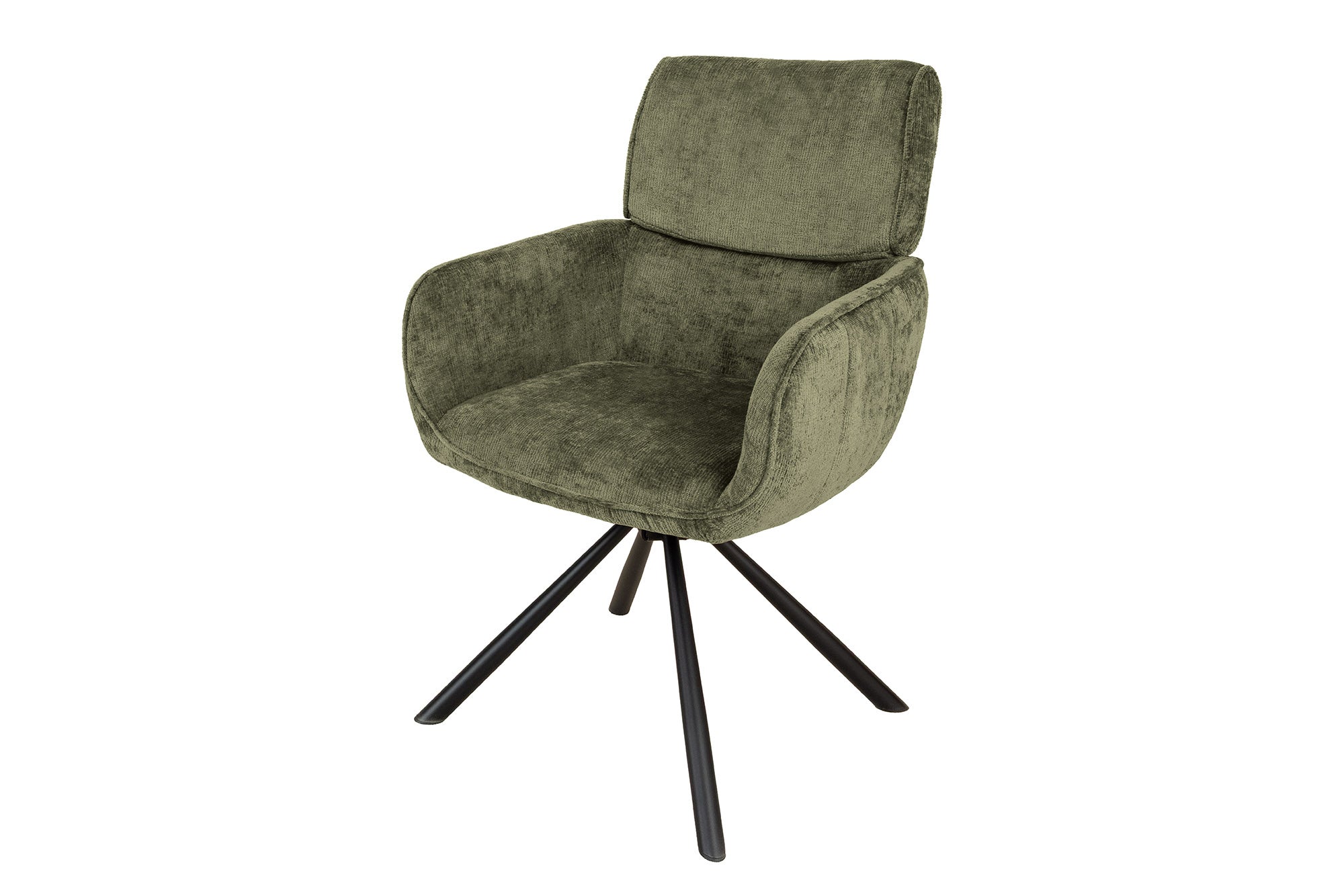 Juego de 2x sillas giratorias retro UNIQUE de chenilla verde con patas y reposabrazos de metal negro