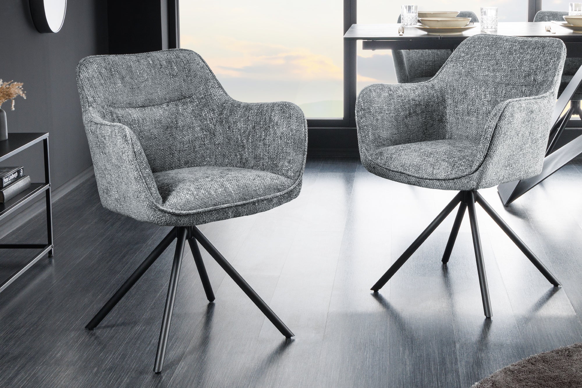 Lote de 2 sillas giratorias VERONA de tela estructurada gris con brazos y patas de metal negro
