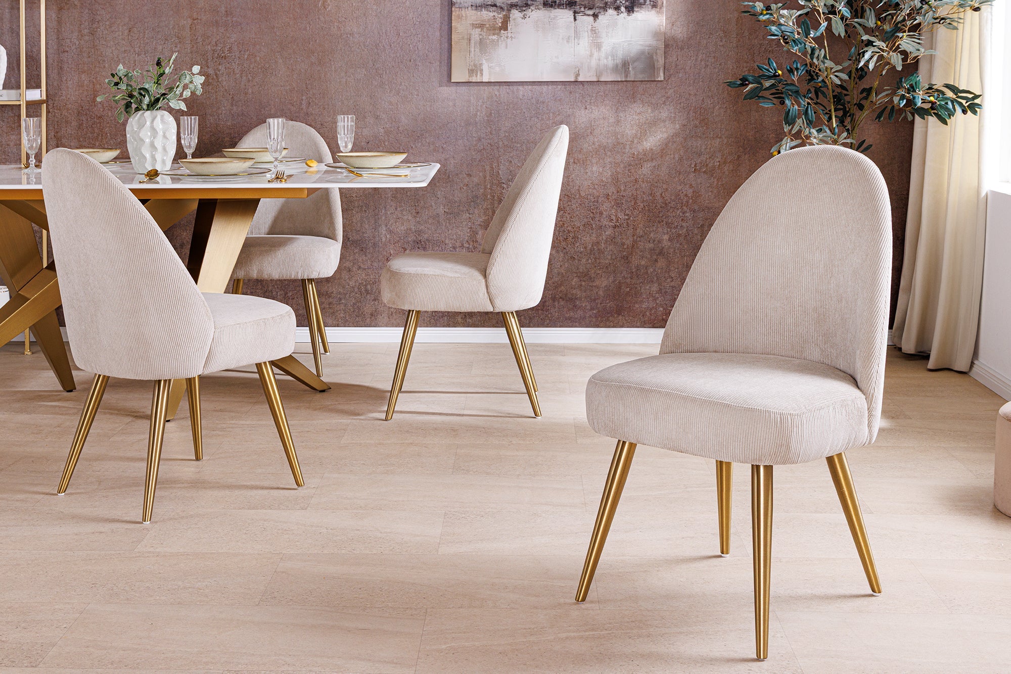 Lote de 2x sillas retro de metal cepillado MIA CASA beige champán oro
