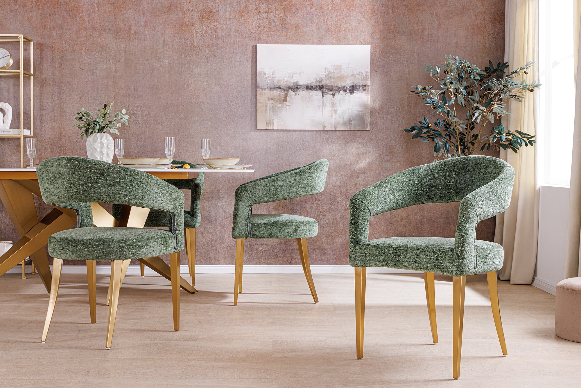 Lot de 2x chaises scandinave BOUTIQUE tissu texturé vert métal doré champagne brossé