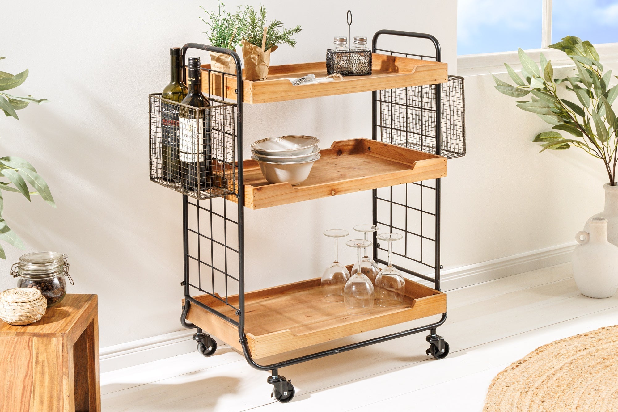 Chariot de service en bois massif SEVEN SEAS Chariot de cuisine naturel 80cm en métal à roulettes