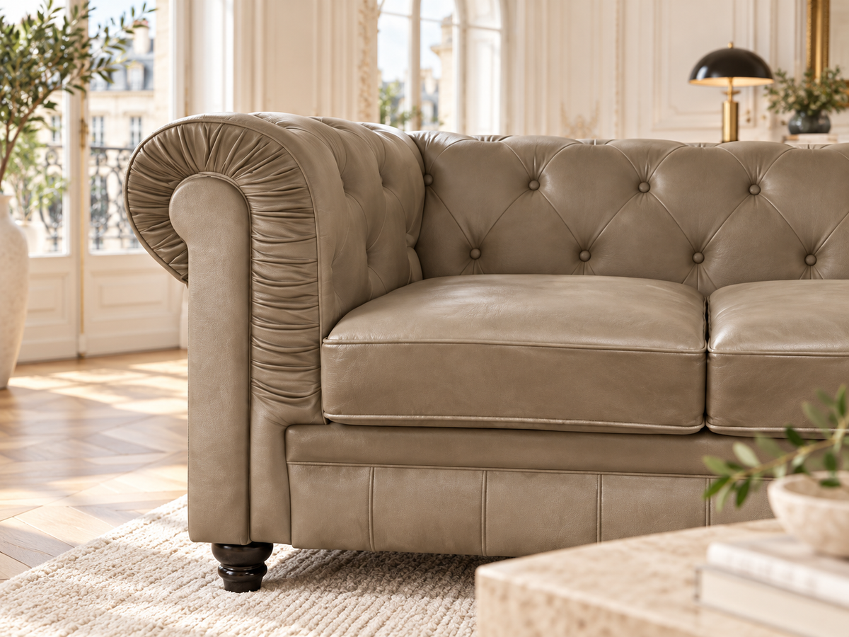 Chesterfield canape 2 places en simili cuir pu taupe — détail