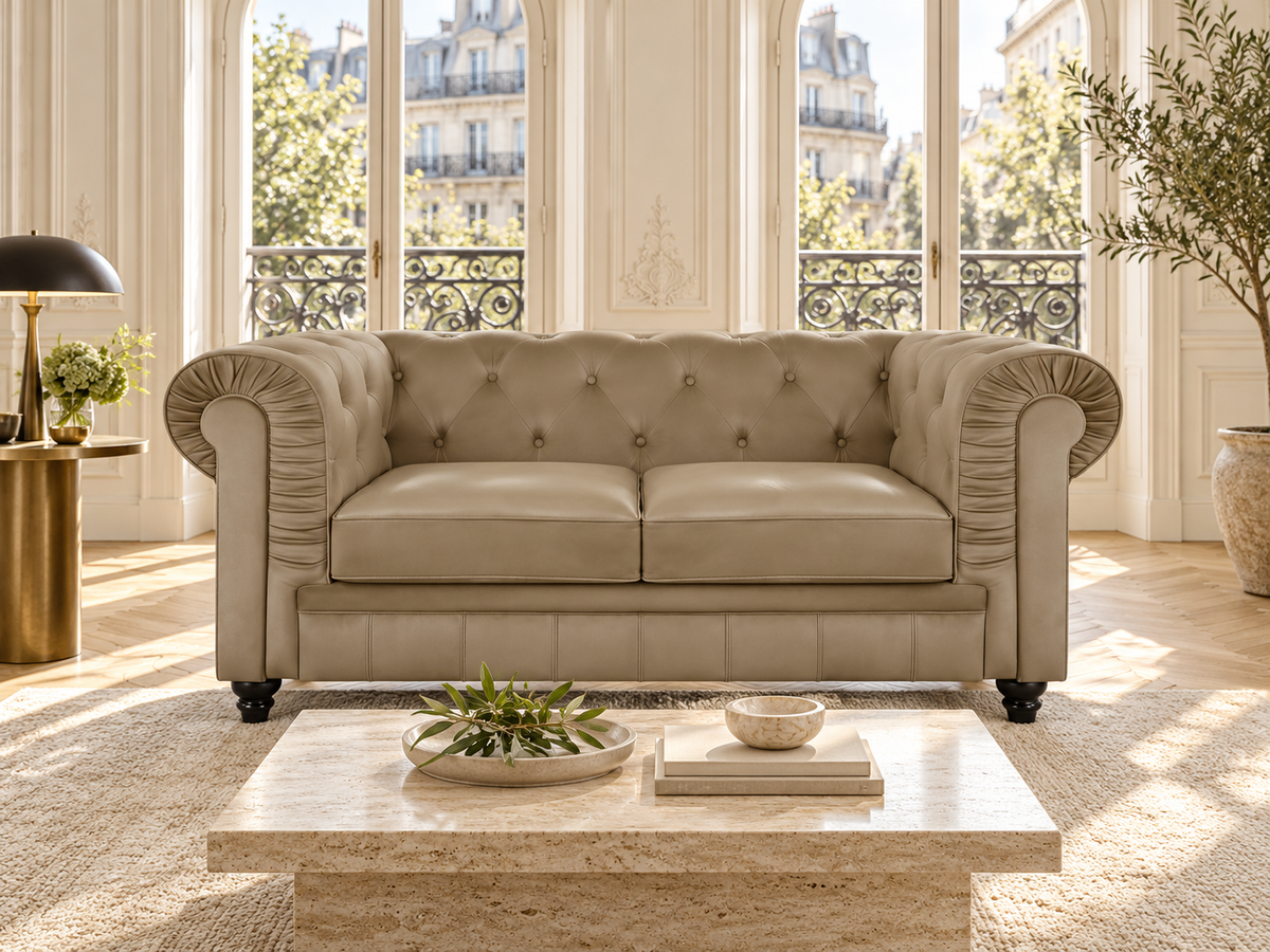 Chesterfield canape 2 places en simili cuir pu taupe — ambiance, meuble entier
