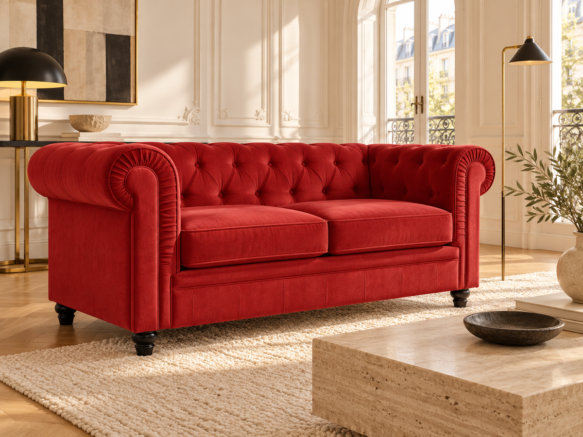 Chesterfield canape 2 places en velours rouge — ambiance, meuble entier