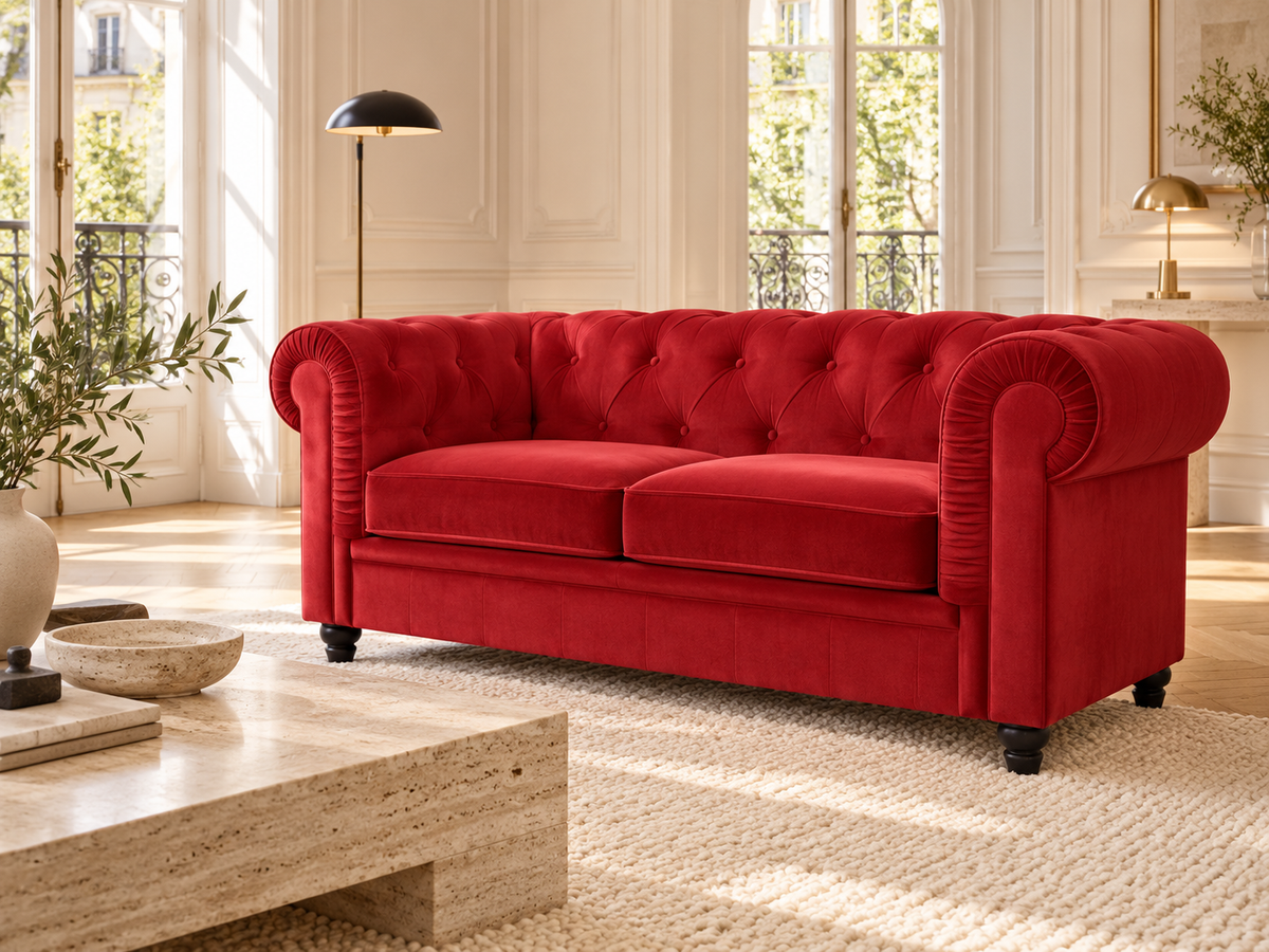 Chesterfield canape 2 places en velours rouge — ambiance, meuble entier