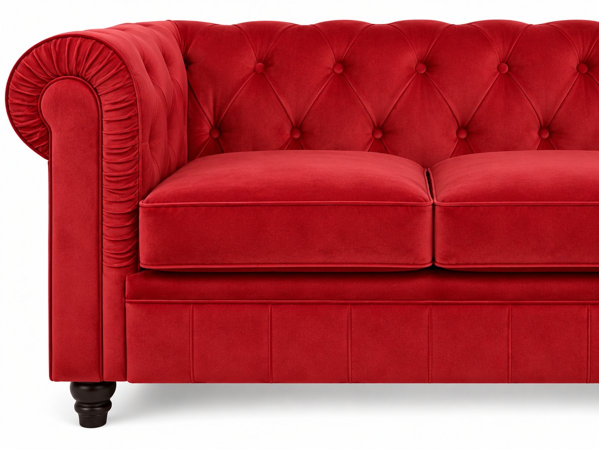Chesterfield canape 2 places en velours rouge — détail