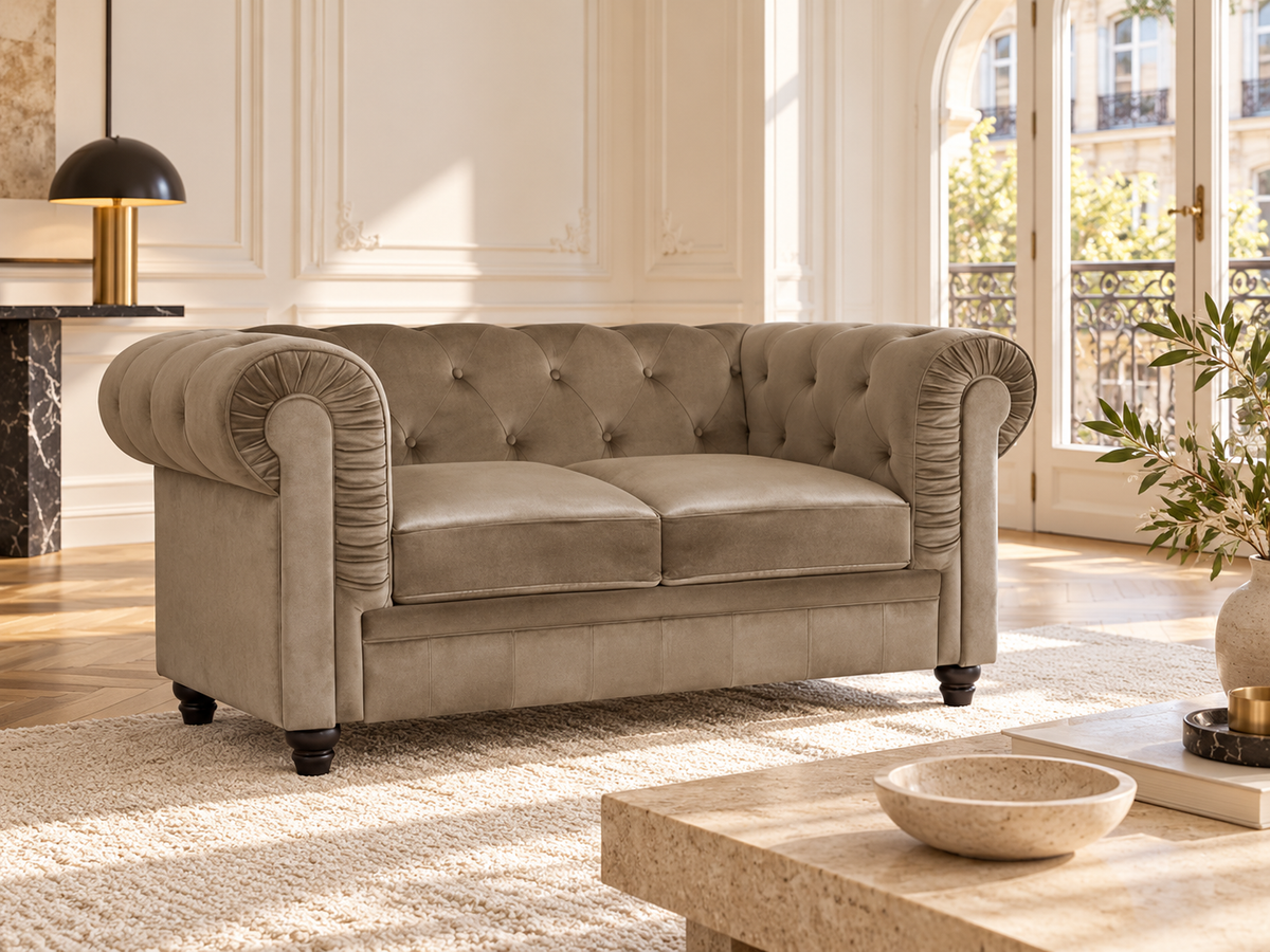 Chesterfield canape 2 places en velours taupe — ambiance, meuble entier