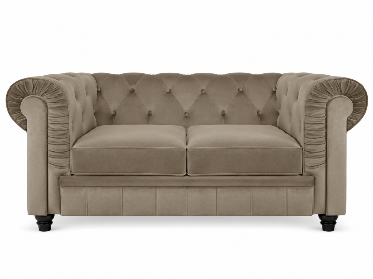 Chesterfield canape 2 places en velours taupe — photo principale sur fond blanc