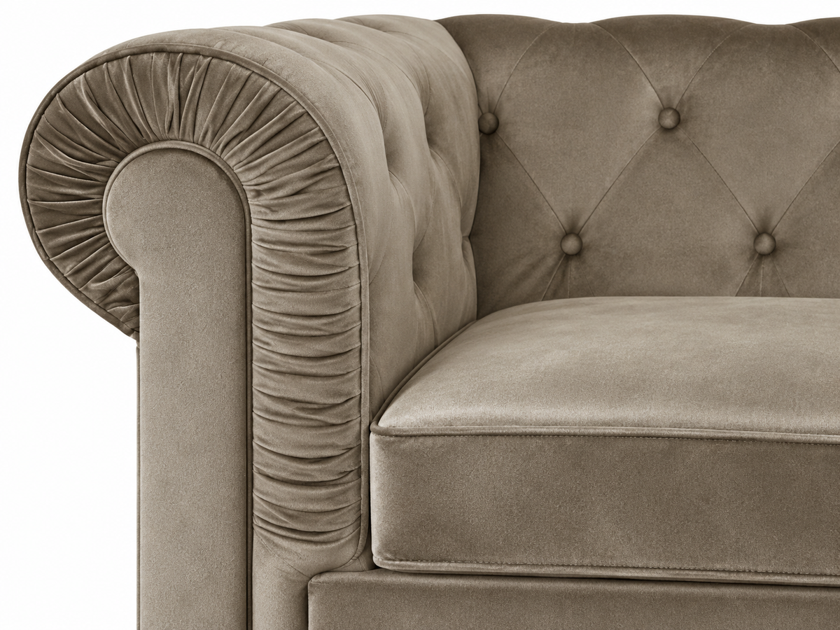Chesterfield canape 2 places en velours taupe — détail