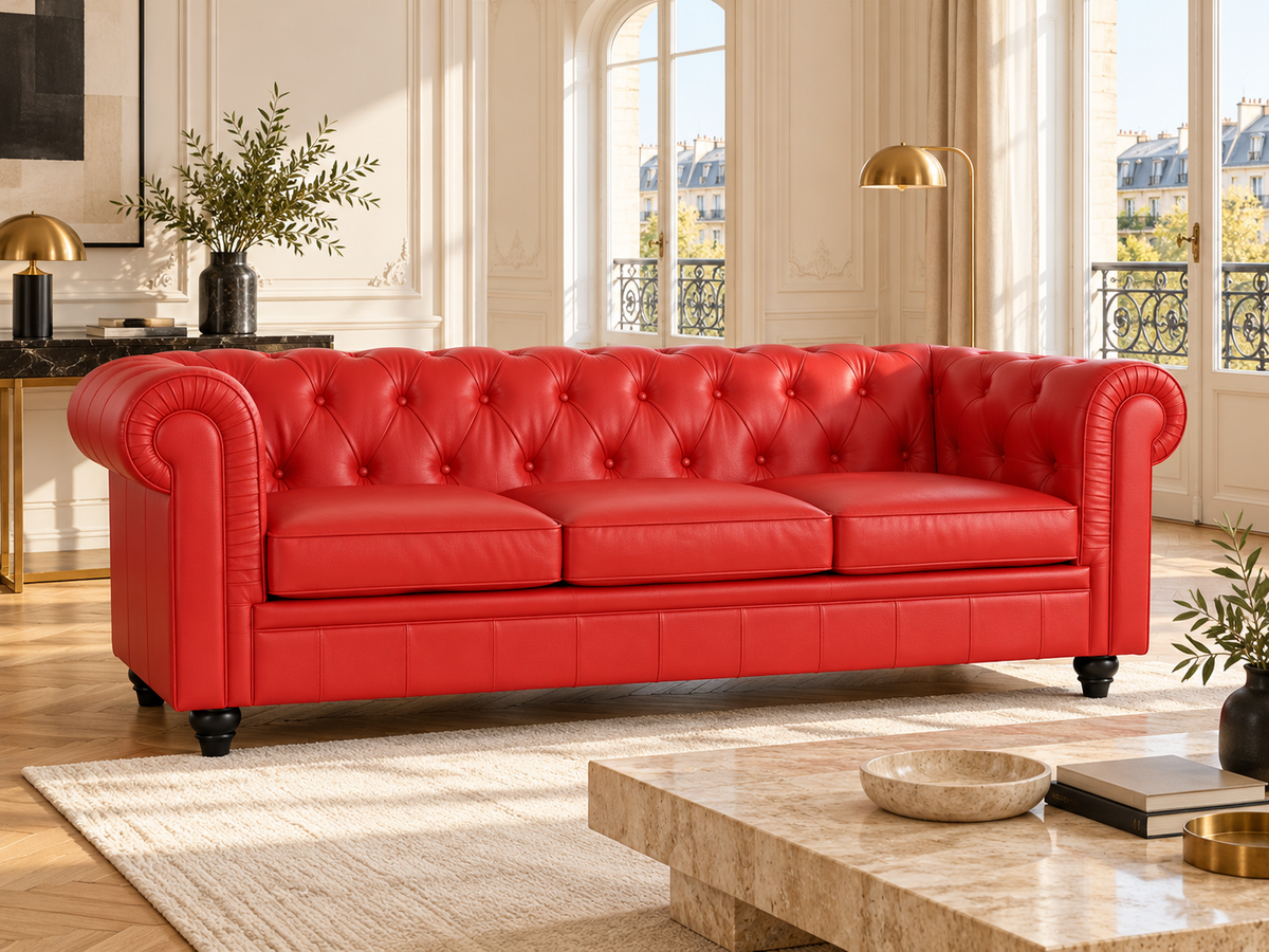 Chesterfield canape 3 places en simili cuir pu rouge — ambiance, meuble entier